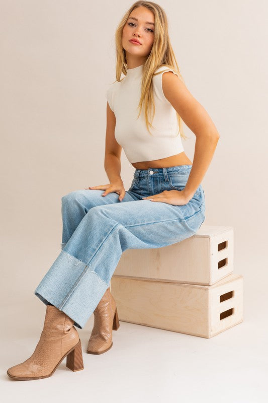 Madeline High-Waisted Wide Leg Cuffed Jeans