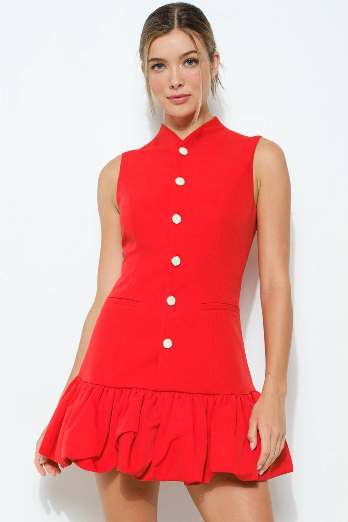 Sleeveless Bubble Hem Buttoned Mini Dress
