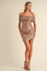 PLEATED OFF THE SHOULDER BACK LACE UP MINI DRESS