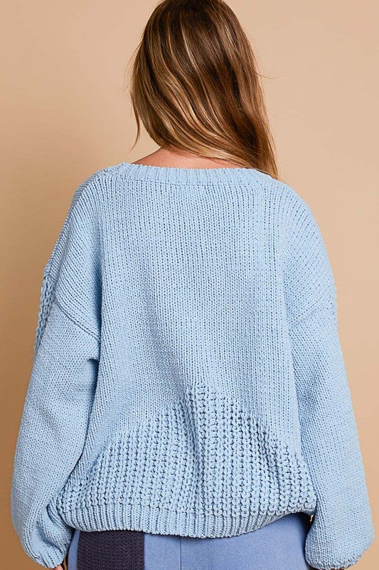 Jade Flower Round Neck Dropped Shoulder Sweater