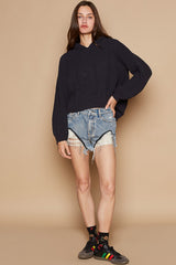 Iris Back Open Slit Balloon Sleeve Crop Hooded Sweater