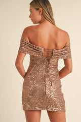 PLEATED OFF THE SHOULDER BACK LACE UP MINI DRESS
