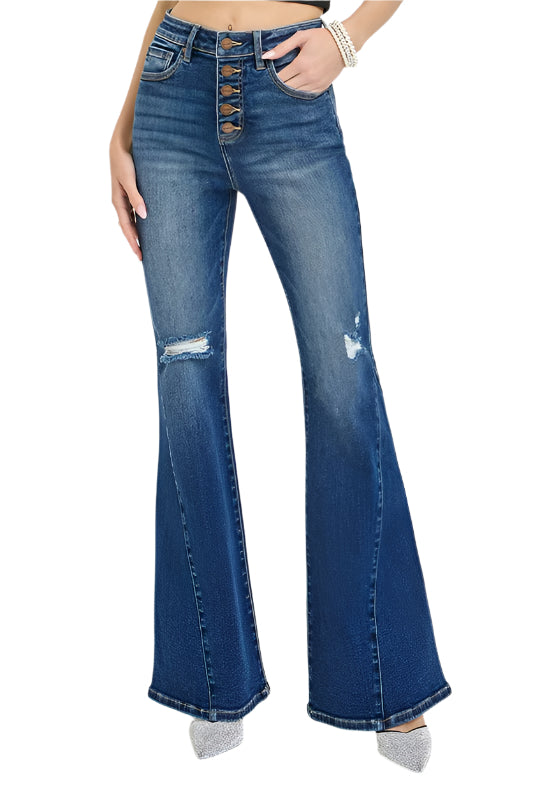 RISEN Distressed Button-Fly Flare Jeans