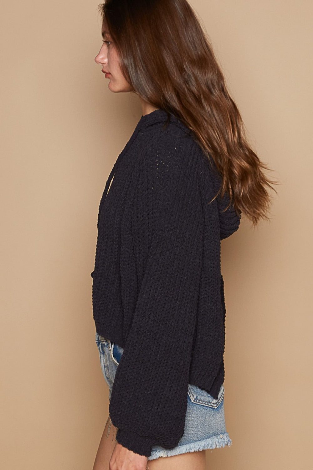Iris Back Open Slit Balloon Sleeve Crop Hooded Sweater