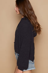 Iris Back Open Slit Balloon Sleeve Crop Hooded Sweater