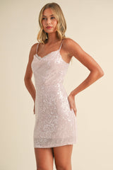 LACE DETAIL COWL NECK CLEAR SEQUINS MINI DRESS